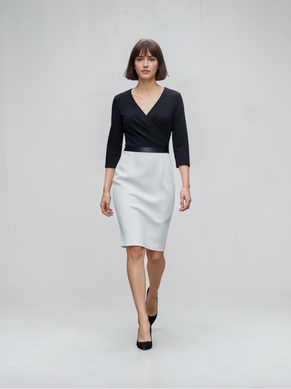 Ralph Lauren Black & White Ponte Fitted V Neck Sheath Dress